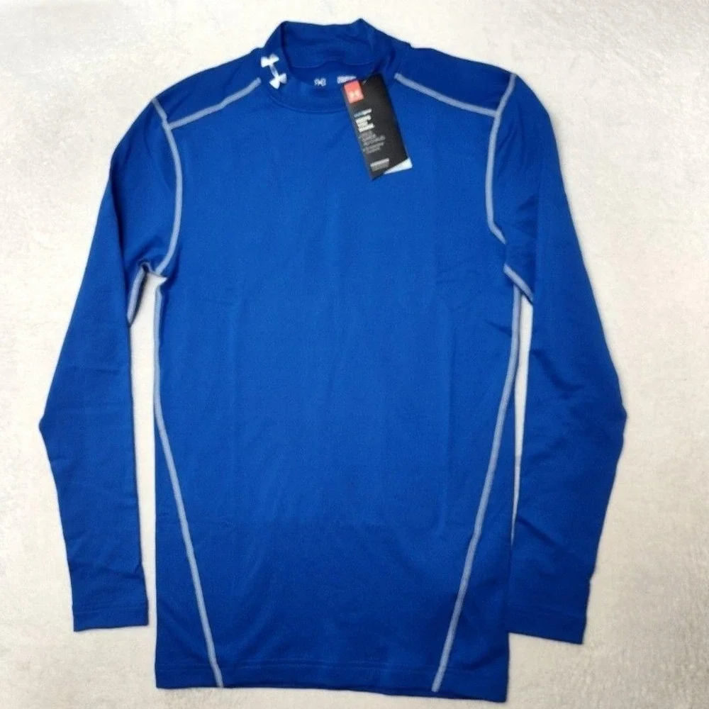 Under Armour Shirt Mens M Blue ColdGear Compression‎ Mock Base Layer Tagless